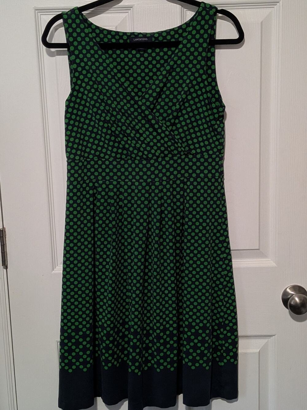 Lands End Polka Dot Fit Flare Dress Small S Green Navy Knit Surplice V-Neck